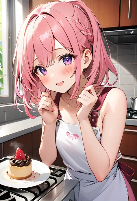  top quality、 Hi-res、( high image quality:1.2)、 Masterpiece、 detailed background 、Teenage beauty、 big size、 anatomically correct、Normal number of fingers、 happy atmosphere 、Bright-colored hair、 braided bob cut 、 Ponytail、
 in front of the oven 、 has a litt...