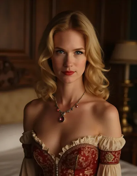 January Jones, sexy medieval noblewoman, alone, cleavage, standing in front of bed, wearing medieval jewelry, wearing medieval noble dress, ultrarealistic, luxurious bedroom inside medieval castle, best quality, high detail, nsfw, detailed skin texture, be...