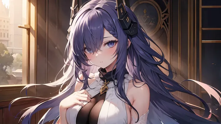 ((best quality)), ((masterpiece)), (detailed), perfect face, textured skin, ((super detail)), purple hair, curly hair, long hair, big hair, expressive hair, longeyelashes, earrings, high quality, best quality, high details, Aristocratic women, exposed ches...