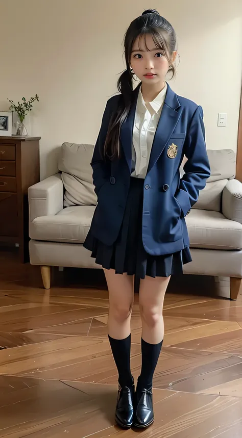 ((  Masterpiece:1.5))、((  living room:1.5))、 ((  full body shot :1.5))、   wear a navy blue blazer   、  Very thigh   、 she is wearing a light blue flared skirt、   has the coat of  、  beauty、Age 15、   Female High School Student、Cool eyes、   well-balanced bod...