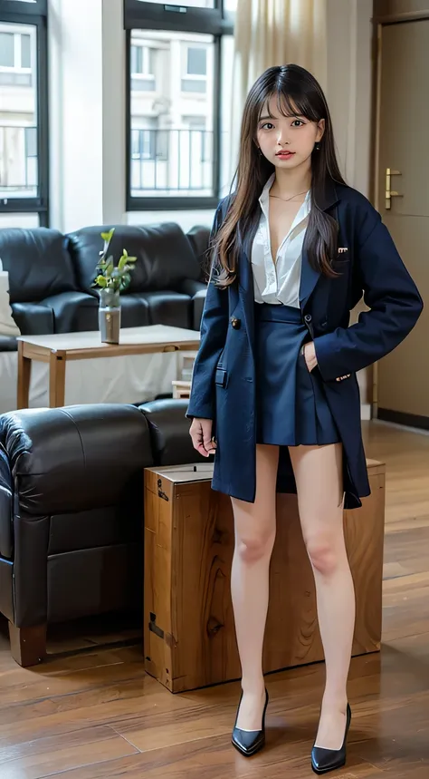 ((  Masterpiece:1.5))、((  living room:1.5))、 ((  full body shot :1.5))、   wear a navy blue blazer   、  Very thigh   、 she is wearing a light blue debtlared skirt、   has the coat of  、  beauty、Age 15、   Female High School Student、Cool eyes、   well-balanced ...