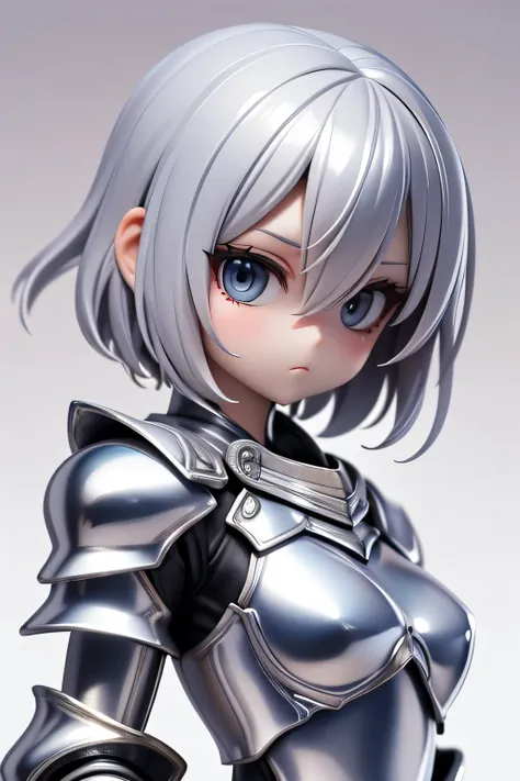  perfect anatomy　 top quality, highest resolution,(((Metallic shiny armor　 shiny silver hair　 short hair　 shiny skin around)))　knight　expressionless　flat chest　woman　 boyish　cool　Castle