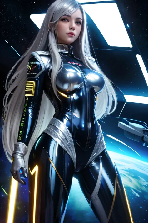  perfect anatomy　 top quality, highest resolution,((( shiny bodysuit that fits bare skin　Space Suit　 Silver Hair　 long hair)))　unlimited routes　 space opera　Spaceship　 cockpit　cool