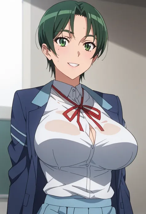  score_9,  score_8_arriba,  score_7_arriba,  score_6_arriba,  score_5_arriba,  score_4_arriba,  masterpiece,  best quality, BREAK,
1 girl, Alone , al aire libre, school,  momokino ,  Big breasts,  short hair ,  green hair, school uniform, skirt,  smile,  h...