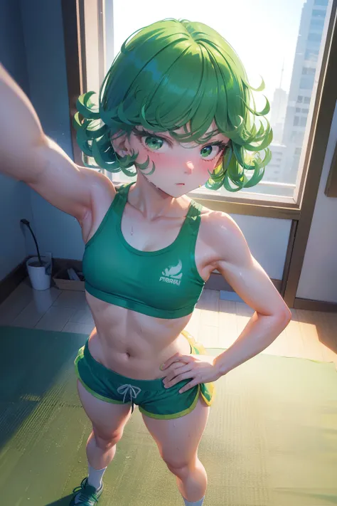 Tatsumaki ,1girl , anime , masterpiece  , green color hair  , sweat , sexy , sport bra , small  breasts , sexy,  dolphin shorts  , long socks , shy , blush , sexy body  , bodybuilding gym   . Standing , selfie 