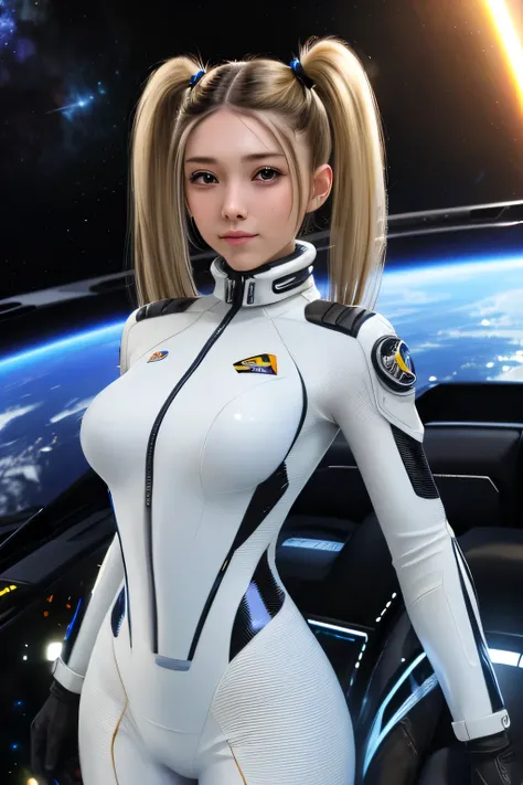  perfect anatomy　 top quality, highest resolution,(((shiny white and black spacesuit　Shiny Blonde　 twin tail)))　unlimited routes　 space opera　Spaceship　 cockpit　medium breasts