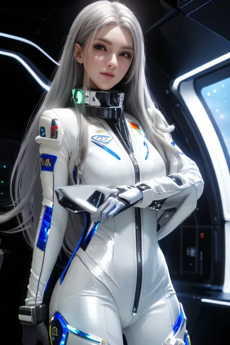  perfect anatomy　 top quality, highest resolution,(((shiny white spacesuit　 shiny silver hair　 shiny skin around　 long hair)))　unlimited routes　 space opera　Spaceship　 cockpit　cool