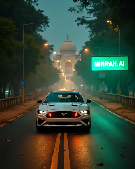 On Indian white  pole, yellow light turning highway white and black mustang gt running , car inside view , horror Indian road , taj mahal in background,yellow side poles, big deep trees around the road , close to camera, leaves on Highway, leafs are flowin...