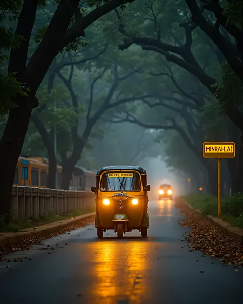On Indian white  pole, yellow light turning road dadar two Auto Rikshaw running write 'MH 48 BR 2008' clearly on number plate, horror Indian road , yellow side poles, big deep trees around the road , close to camera, leaves on road, leafs are flowing in ai...