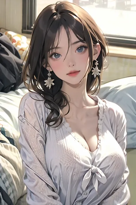 1girl, hair, breasts, cleavage, earrings, front-tie_top, jewelry, large_breasts, lips, looking_at_viewer, shirt, solo, tied_shirt, upper_body, shirt, lying_on_bed, head_on_pillow, looking_up_at_viewer