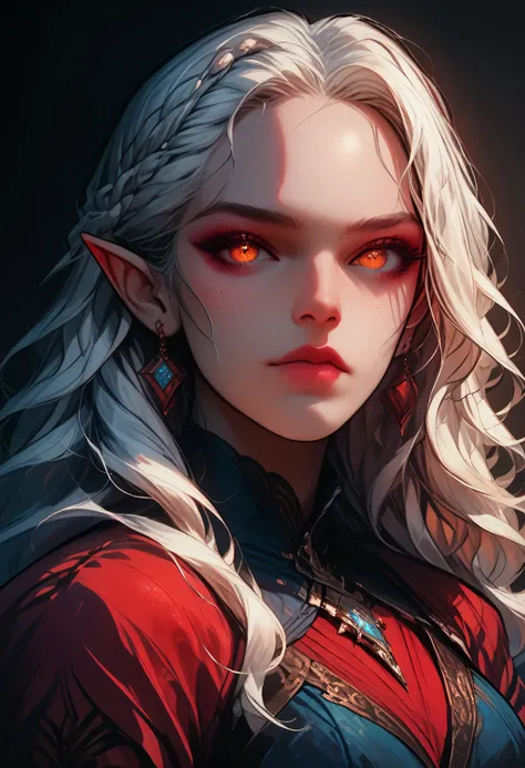 score_9, score_8_up, score_7_up, a portrait of a female elf, fair skin, white hair, long hair, wavy hair, flowing hair, sparkling fiery eyes, there are jewelry in her hair. best quality, 16k, ultra detailed, masterpiece, best quality, (extremely detailed),...