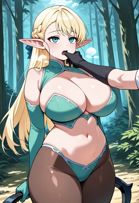  masterpiece,  best quality, 1 girl, erfdasan ,  blond hair, Braid,  pointy eared, Blue eyes,  huge breasts, Leotardo green, stomach,  thick thighs, tired,  open your mouth,  holding bow  \(Arm\), forest,  heavy breathing,  elbow gloves , thigh-high brown ...