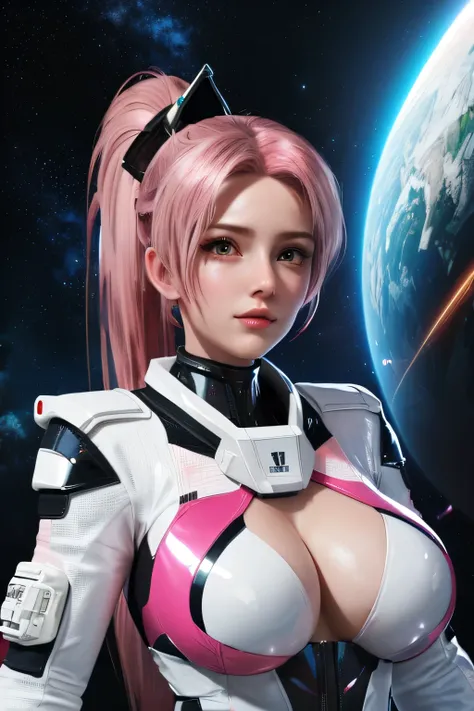  perfect anatomy　 top quality, highest resolution,(((shiny white and light pink spacesuit　 pink hair　 Ponytail)))　unlimited routes　 space opera　Spaceship　 cockpit　 girl　Space Battleship