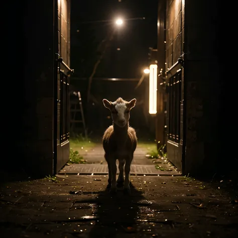 lonely baby goat, wide shot, dark night, sci fi horror