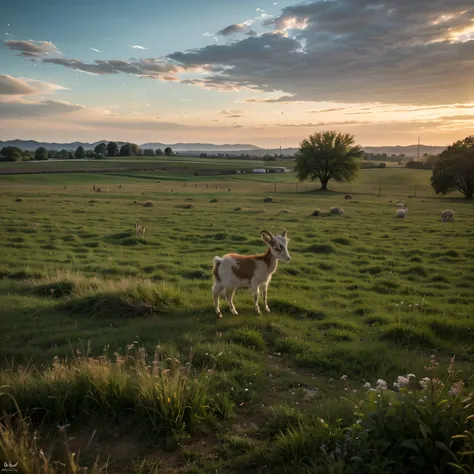 baby goat in a vast field, wide shot, lonely, isolated