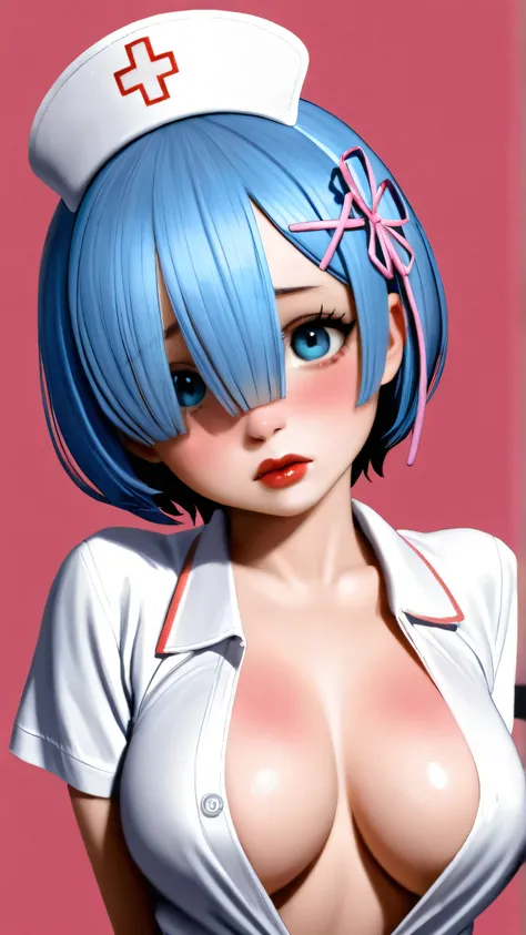 1 very young japanese girl, Rem from Re:Zero, short blue hair, blue eyes, blushing, Shy, Red lips, pale face, Sweet, big breasts, best quality, ((masterpiece)), (detailed), vintage, elegant, sophisticated, big expressive eyes, ulzzang, high school girl、Sle...