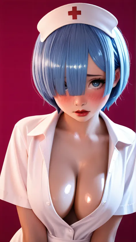 1 very young japanese girl, Rem from Re:Zero, short blue hair, blue eyes, blushing, Shy, Red lips, pale face, Sweet, big breasts, best quality, ((masterpiece)), (detailed), vintage, elegant, sophisticated, big expressive eyes, ulzzang, high school girl、Sle...