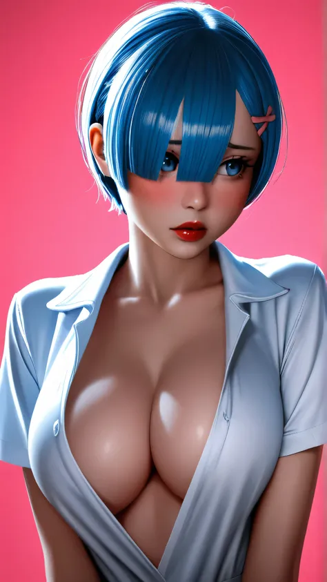 1 very young japanese girl, Rem from Re:Zero, short blue hair, blue eyes, blushing, Shy, Red lips, pale face, Sweet, big breasts, best quality, ((masterpiece)), (detailed), vintage, elegant, sophisticated, big expressive eyes, ulzzang, high school girl、Sle...