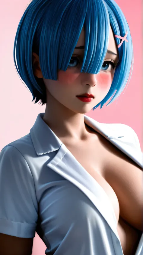 1 very young japanese girl, Rem from Re:Zero, short blue hair, blue eyes, blushing, Shy, Red lips, pale face, Sweet, big breasts, best quality, ((masterpiece)), (detailed), vintage, elegant, sophisticated, big expressive eyes, ulzzang, high school girl、Sle...