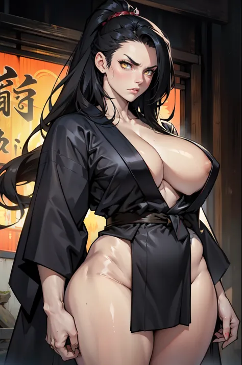 1girl black hair yellow eyes very long hair pale skin angry bodybuilder huge breasts muscular toned body curvy wide hips thick thighs ((kimono))