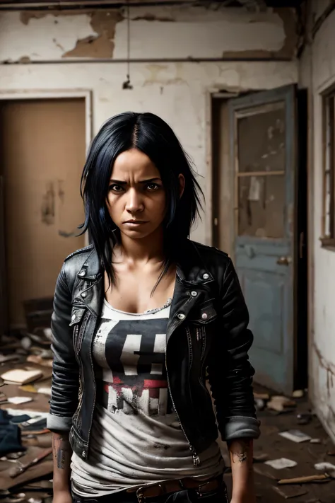 A young, poor woman with black hair and torn punk clothing, in a concealed, dilapidated room. The focus is on the woman, capturing her struggle and defiance. This image, whether a painting or photograph, exudes raw emotion and grit. Her defiant expression ...