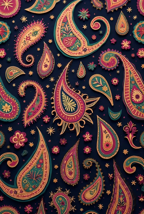 "A traditional Indian paisley pattern with rich jewel tones and gold accents."