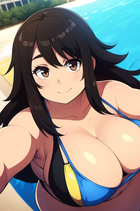  Chubby girl with big breasts black hair brown eyes happy, long messy hair smiling bikini