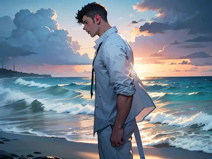 Nick Jonas, 20 years old, European,  short black hair, Watching the storm coming from the sea, dressed in white clothes , Light illuminating Nick Jonas' body from the front,  Delicate white skin ,  profile position , Beautiful beach, lights and shadows, 8K