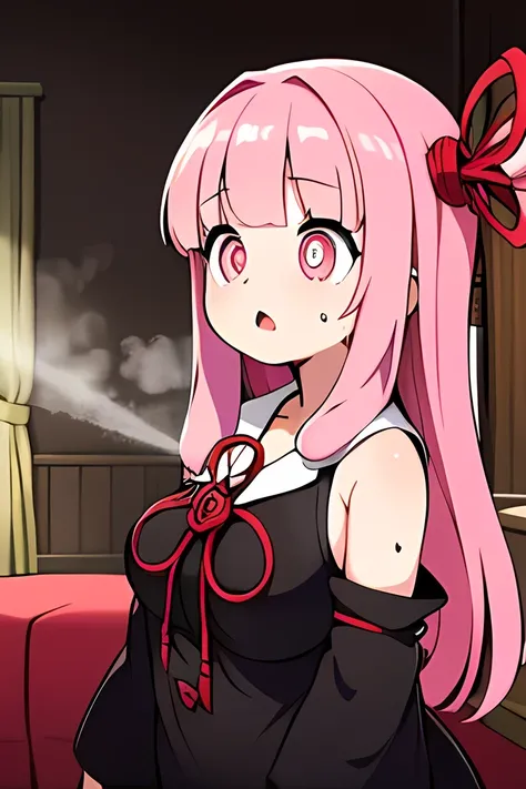  kotonoha akane,(( is puzzling)),Small eyes,(((Pupils fully open))),round face,(hair ribbon),pink hair,long hair,(((One double tooth))), (((close your mouth:1.5))),(((big breast))),(( chubby)) ,((black dress)), detached sleeves, wide sleeves, bare shoulder...