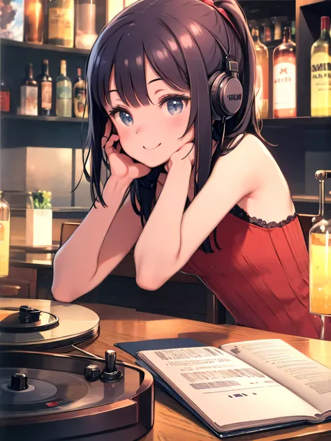  Retro Record Player 、Jazz Bar、Elbows on the table、 one woman、 is smiling、Sleepy eyes、 place your hands on your cheeks、 listening to music、