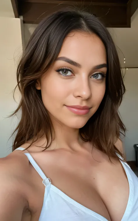 Красивая французская латинская блондинка делает selfie, Looking straight into the camera, selfie,   cleavage ,  very detailed, ,  innocent face,  naturally wavy hair ,  blue eyes,  high definition, tmasterpiece,  Best quality ,  intricate details,  very de...