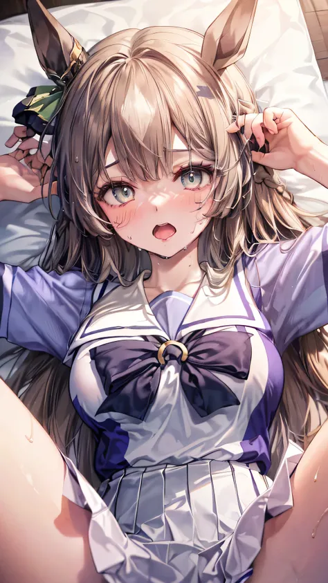 (Illustration of upper body:1.2), (masterpiece, sidelighting, finely detailed beautiful eyes, ultra-detailed, ultra high res, high quality makeup, beautiful detailed eyes:1.2), sexy, big eyes, drooping eye, (bed room), (1 junior high school student girl:1....