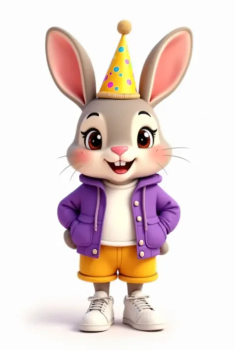 A cute and modern cartoon rabbit,  looking forward , wearing a purple coat,  white t-shirt, yellow shorts, white sneakers and a birthday hat , on a white background