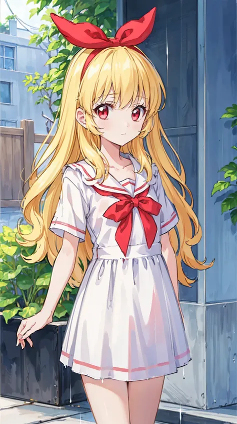 (( top quality,  Hi-Res,   perfect pixels,  16k)),   staring at viewers,  long hair, red ribbon on head blonde hair、 Red Eye、 detailed eyes， white flower， no background， white t-shirt and skirt，garden，I'm walking in the rain 。， my shirt is wet in the rain。...