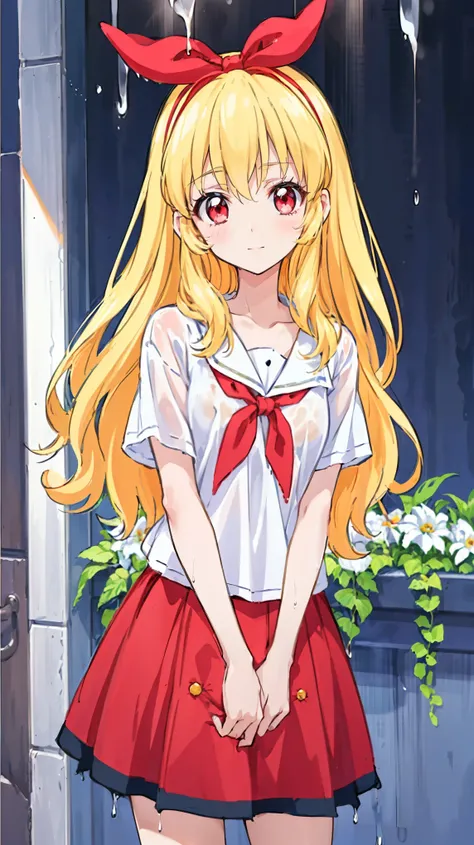 (( top quality,  Hi-Res,   perfect pixels,  16k)),   staring at viewers,  long hair, red ribbon on head blonde hair、 Red Eye、 detailed eyes， white flower， no background， white t-shirt and skirt， my shirt is wet in the rain。， anime style illustration，AI for...