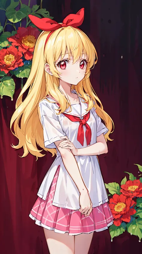 (( top quality,  Hi-Res,   perfect pixels,  16k)),   staring at viewers,  long hair, red ribbon on head blonde hair、 Red Eye、 detailed eyes，Cute Background（A precious background with a flower pattern and white）， white t-shirt and skirt， my shirt is wet in ...