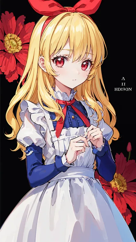 (( top quality,  Hi-Res,   perfect pixels,  16k)),   staring at viewers,  long hair, red ribbon on head blonde hair、 Red Eye、 detailed eyes，Cute Background（A precious background with a flower pattern and white）， maid clothes，AI for anime characters
 