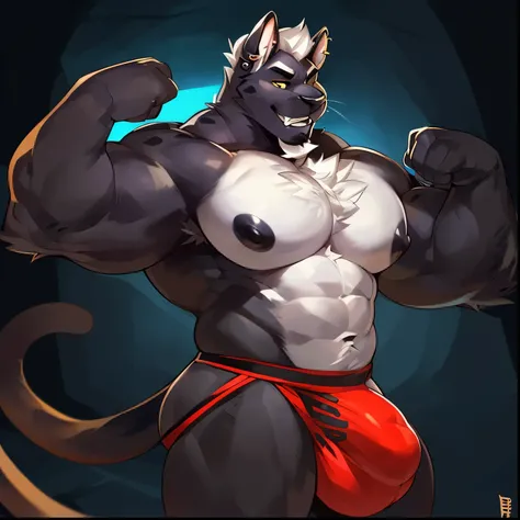 Solo, anthro, male (((panther, yellow eyes, black pupils, muscular, huge pecs, abs, black nipples, black areola, black body, black fur, white hair, short hair, goatee, chest hair, whiskers, black spots, black nose, black eyebrows, teeth, ear piercing, tail...