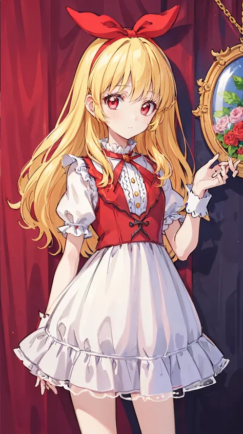 (( top quality,  Hi-Res,   perfect pixels,  16k)),   staring at viewers,  long hair, red ribbon on head blonde hair、 Red Eye、 white dress， detailed eyes，AI for anime characters，Ball
 