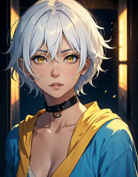 ((masterpiece, best quality)), (1girl, anime girl in dark prison),(mature, tan skin), (solo), (female focus), (white hair, short hair, messy hair),yellow eyes, ((wearing blue robe)), tan skin, evil, vicious, portraits, half body, vibrant colors, soft light...