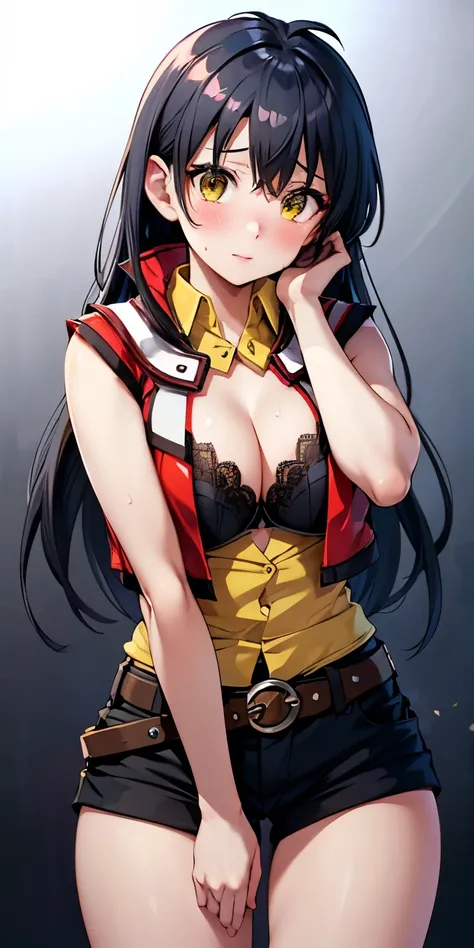 1 Female,High definition,high resolution,Ultra-realistic,8K,hmrei, long hair, black hair,yellow eyes,red jacket ,collared shirt, yellow shirt, sleeveless, belt, black shorts,standing, solo,  standing, masterpiece, best quality, detailed face, detailed eyes...