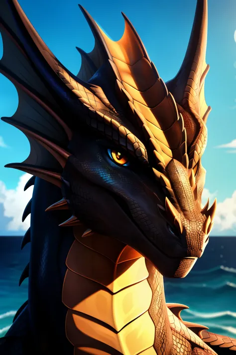 , [Uploaded to e621.net; ((masterpiece)), ((HD)), ((High Quality)), ((front view)), ( irid dragon)), ((detailed shading)), ((beautiful render art)), ((cel shading)), ((cinematic lighting)) (looking at viewer)}, (beautiful ocean)] head shot, black, irid dra...