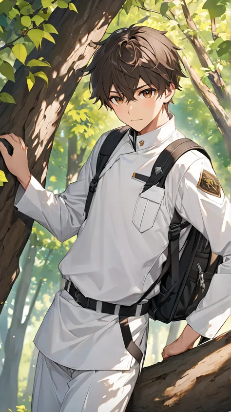  a male student wearing a white uniform ,  black backpack propped up a tree with brown eyes like those of a wolf
