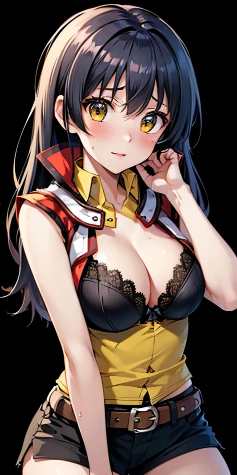 1 Female,High definition,high resolution,Ultra-realistic,8K,hmrei, long hair, black hair,yellow eyes,red jacket ,collared shirt, yellow shirt, sleeveless, belt, black shorts,standing, solo,  standing, masterpiece, best quality, detailed face, detailed eyes...