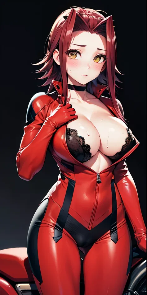 1 Female,High definition,high resolution,Ultra-realistic,8K,aki1, izayoi aki, solo, cleavage, bikesuit, red bodysuit, choker, unzipping, open bodysuit, gloves, yellow eyes,standing, solo,  standing, masterpiece, best quality, detailed face, detailed eyes, ...