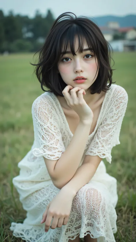 8k, masterpiece, highest quality, Korea's Beautiful Women, high-angle, close-up, short hair, dark hair, serious expression, pensive expression, light dress, loose-fitting dress, short-sleeved dress, crocheted dress, knitted dress, sheer dress, squatting po...