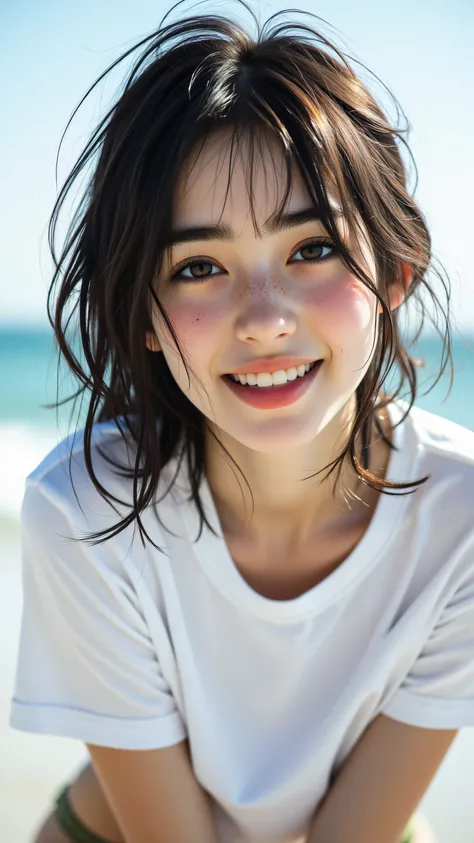 8k, masterpiece, highest quality, Korea's Beautiful Women, dark hair, Close-up, low-angle, dark brown hair, smiling,  white t-shirt, olive-green bikini, relaxed pose,  ocean, sky, bright, daytime, soft, dreamy, blurred background.