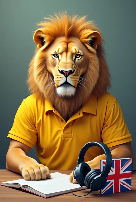 Lion with yellow polo shirt in front of the notebook with headphone and the UK flag on the side