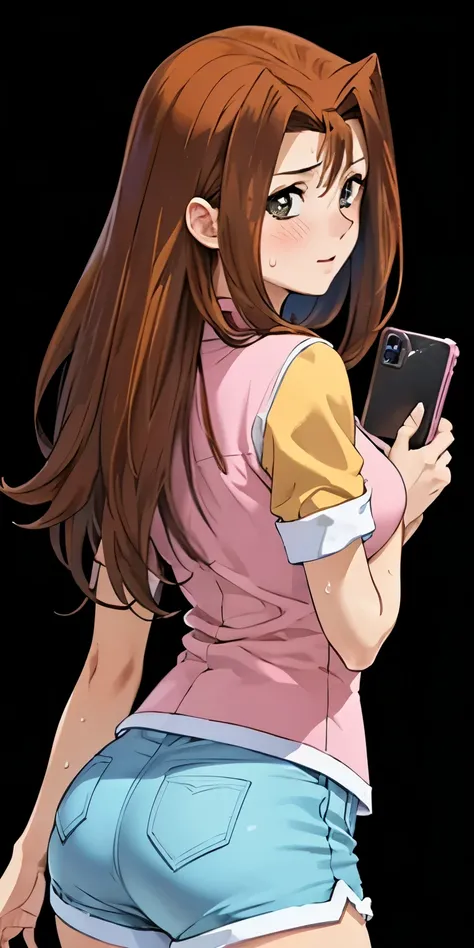 1 Female,High definition,high resolution,Ultra-realistic,8K,serenitydm, gray eyes,long hair, brown hair, pink shirt, blue shorts,European,sexy,Upper body close-up,Photographed from the front,Dynamic Angles,blush, small tits,cute face, facial, sweat, perfec...