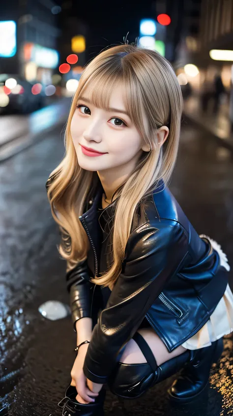 front view:1.5, large breast:1.4, full body photo,((focus on crotch)), genuine leather inner tube top, she is in a room,standing on a hard rainy street, one girl, High resolution ,blonde hair, Light Hair Color, sexy, Beautiful eyelashes ,High resolution ,Z...